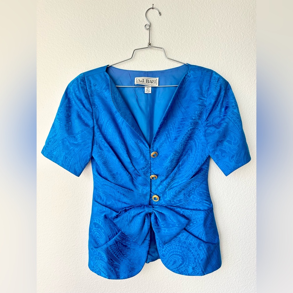 AJ Bari Blue Top Peplum Bow Blouse 100% Silk Size 6 Vintage Glam Style 80s